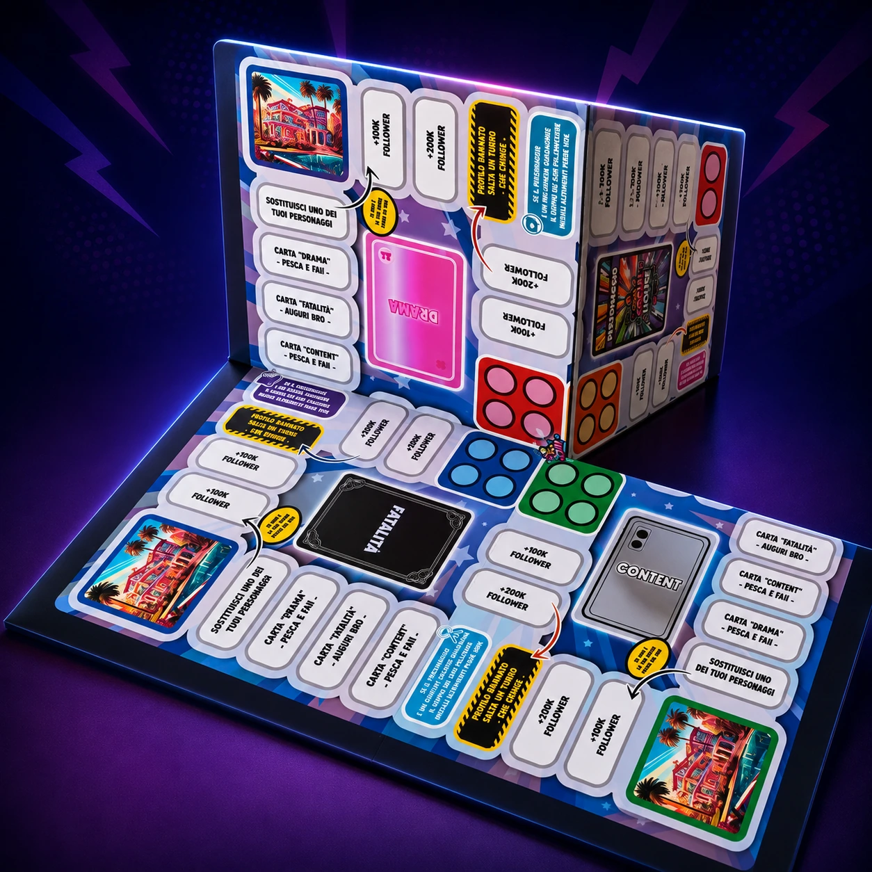 Tabellone di Clash of Social House aperto in un visual neon