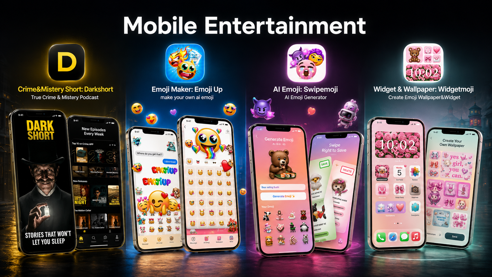 Visual di Mobile Entertainment che valorizza quattro app: Darkshort, Emoji Up, Swipemoji e Widgetmoji