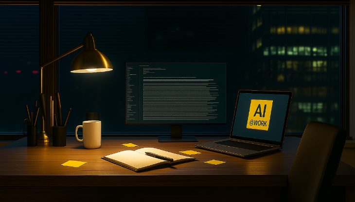 AI@Work di NoGuruh, tavolo di lavoro con laptop e materiali